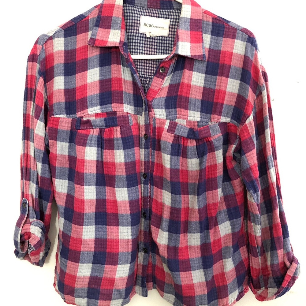 BCBGeneration pink and blue checkered plaid shirt